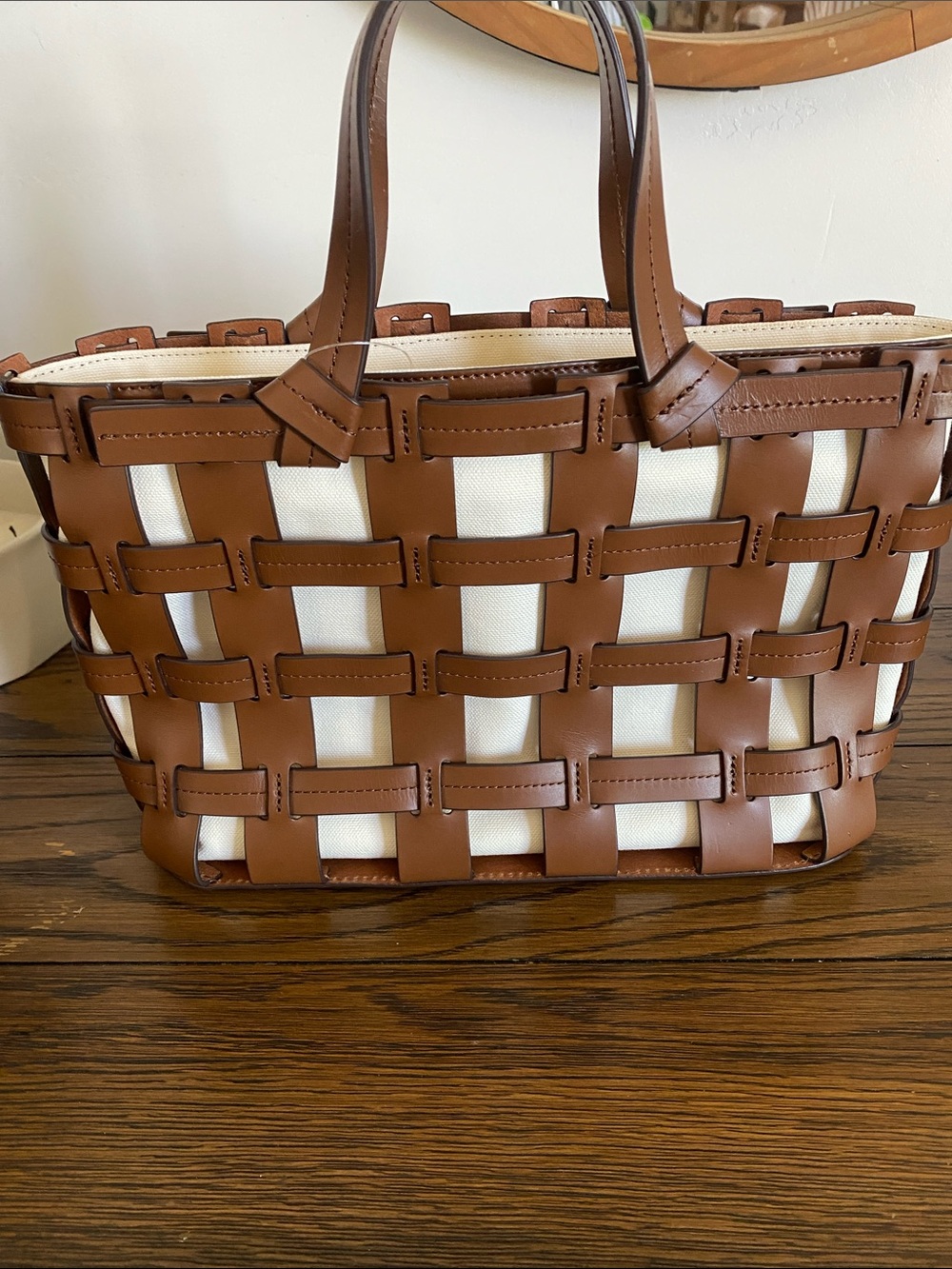 TRADEMARK Woven Brown Leather and White Canvas Tote Bag